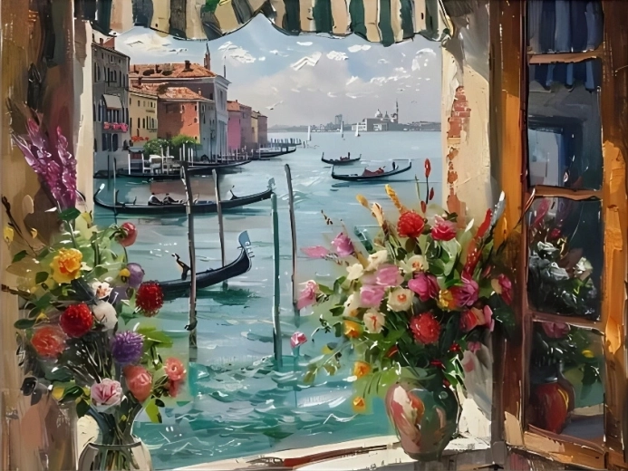 Norimpex Peinture par numéros Fenêtre avec vue sur le port de Venise 40 × 50 cm