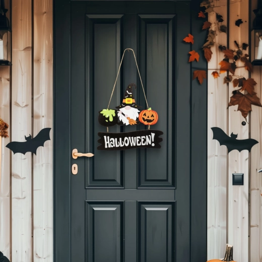 Décoration suspendue en bois pour Halloween avec un lutin et une citrouille