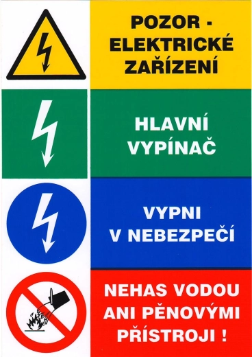 Autocollant de sécurité – attention équipement électrique, interrupteur principal, éteindre en cas de danger, n’éteignez pas avec de l’eau ni avec des extincteurs à mousse 148 × 210 mm