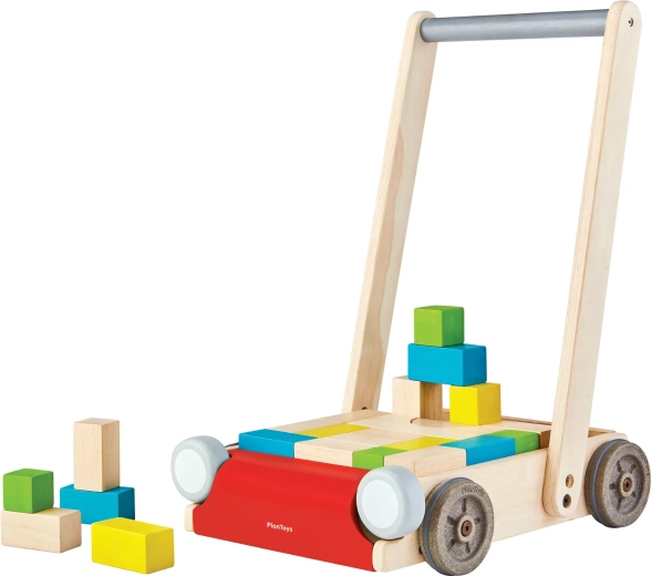 Chariot de marche en bois PlanToys avec cubes