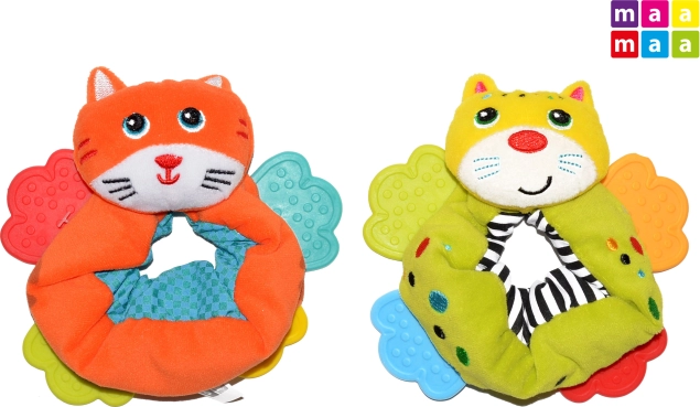 Hochets textiles de poignet avec anneaux de dentition MAAMAA, chat 12 cm