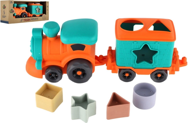 Petite locomotive pour enfants avec wagon en bioplastique – jeu d’encastrement, roue libre