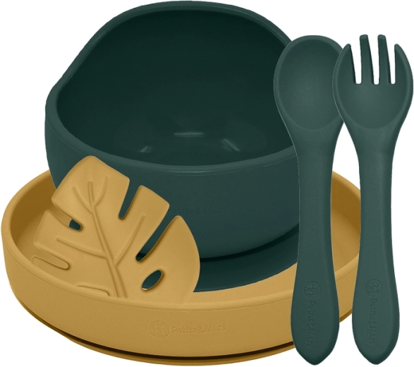 Set de repas en silicone PETITE&MARS TAKE&MATCH, 4 pièces, Misty Green / Intense Ochre, dès 6 mois