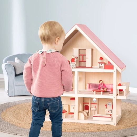 Maison de poupées en bois Roba avec meubles, rouge/naturel
