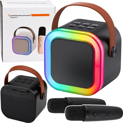 Ensemble karaoké sans fil K12 – enceinte Bluetooth avec deux microphones et lumières LED (noir)