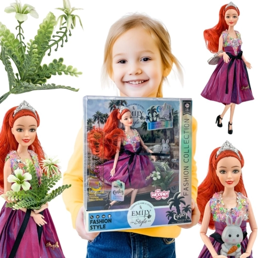 Poupée de mode Woopie Royal Emi en robe rose avec un petit lapin, 30 cm