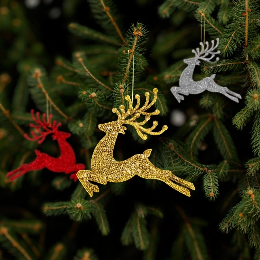 Décoration de Noël scintillante en forme de renne, 12 cm, rouge/doré/argenté - 1 pièce