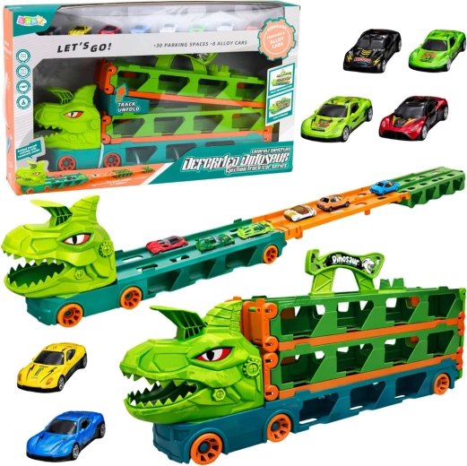 Camion dinosaure avec petites voitures 4‑en‑1 – transporteur, circuit de course et lanceur, 2,1 m