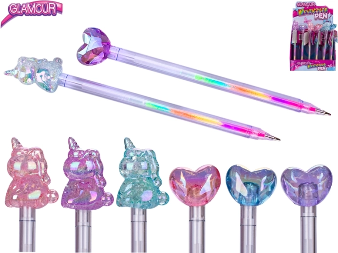 Stylo multicolore Glamour avec motifs cœur et licorne