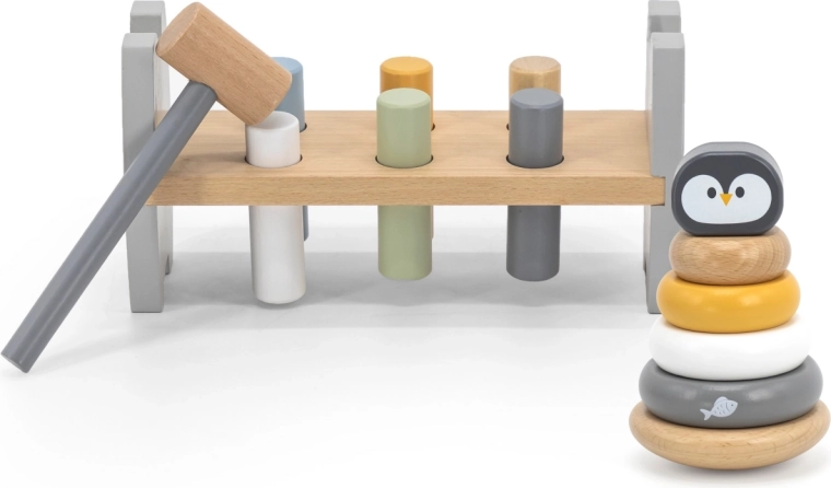 VIGA PolarB Pyramide en bois et maillet avec le motif de pingouin Montessori