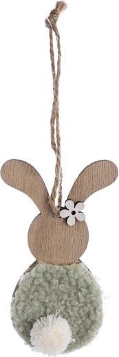 Lapin suspendu en bois et peluche brun-vert 11 cm