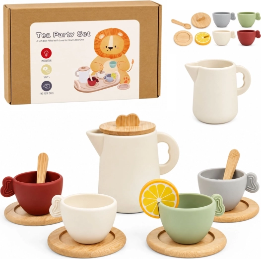 Service à thé pour enfants en bois avec théière et plateau