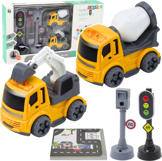 Set pour enfants : feu tricolore avec radar, tapis de jeu et véhicules de chantier avec lumières et sons