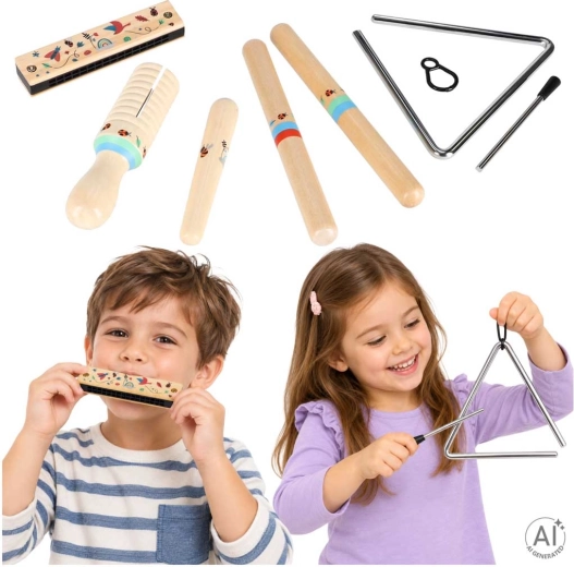 Instruments de musique en bois pour enfants – set (triangle, baguettes rythmiques, harmonica, guiro)