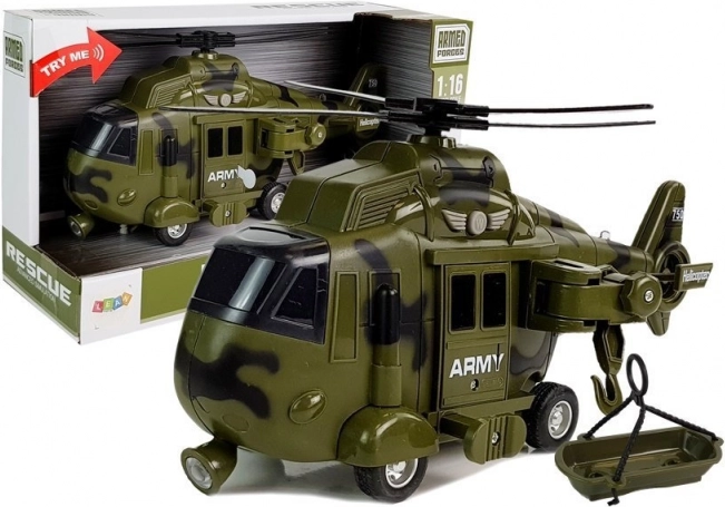 Hélicoptère de sauvetage militaire 1:16 avec lumières, sons et crochet