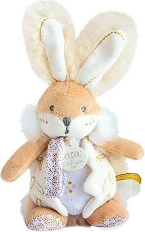 Doudou lapin en peluche avec hochet et attache-tétine 21 cm, blanc