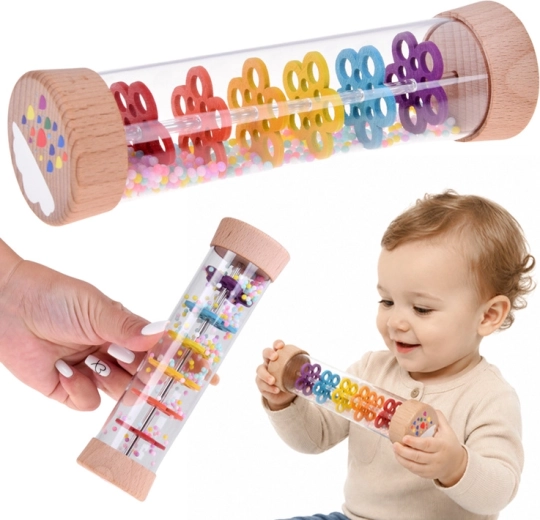 Deszczownica – hochet sensoriel (tube en bois avec billes, bruit de bruissement)