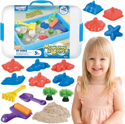 Woopie sable cinétique pour l’eau dans une mallette, set de 18 pièces