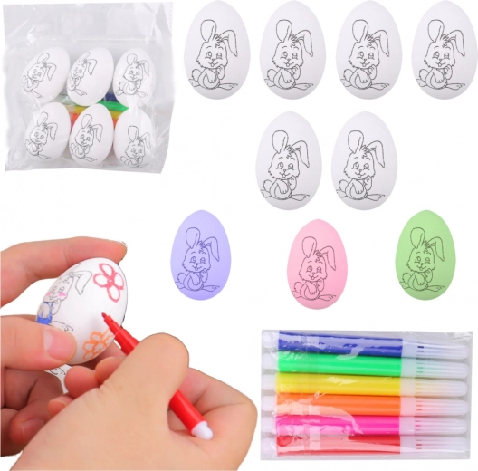 Œufs de Pâques en polystyrène à peindre avec motif lapin, 6 pièces avec feutres