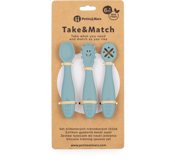 Petite&Mars cuillères d’apprentissage en silicone Take&Match frosted sky (3 pcs) 6m+