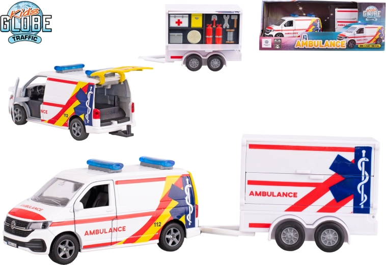 Kids Globe Traffic ambulance VW Transporter avec remorque 1:16