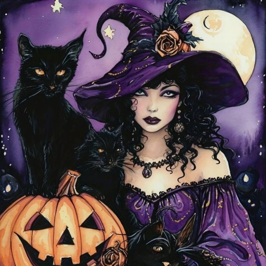 Peinture diamant sorcière avec chat noir et citrouille 30 × 40 cm