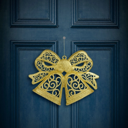 Nœud de Noël suspendu à paillettes, doré, 35 cm