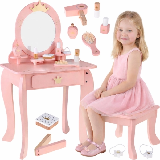 Coiffeuse royale en bois avec miroir, tabouret et accessoires pour enfants