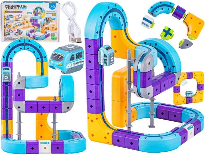 Circuit magnétique avec descente et petit train – jeu de construction 54 pièces