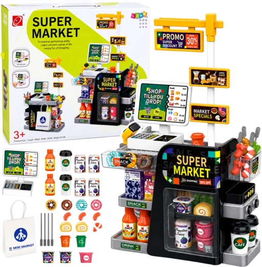 Supermarché pour enfants avec caisse, scanner et distributeur de boissons (65 pièces)