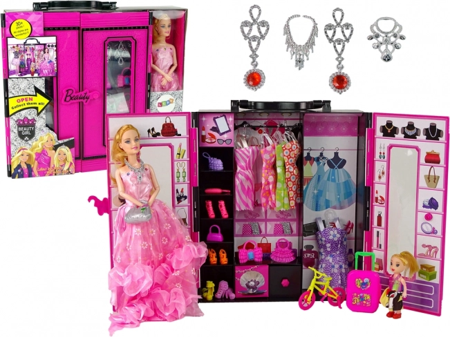 Poupée avec armoire à vêtements et accessoires