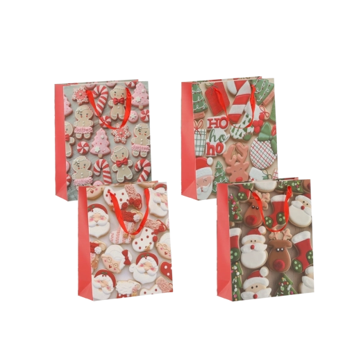 Sacs-cadeaux de Noël motif biscuits 18 × 24 × 8 cm, anses ruban rouges, lot de 12