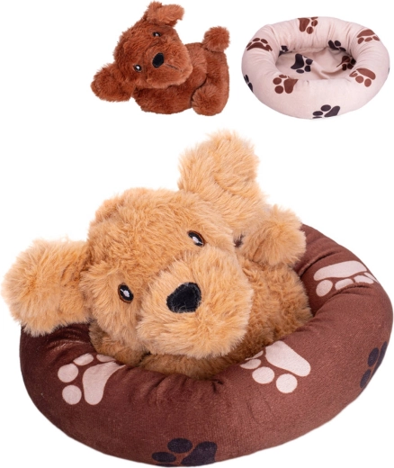 Chien en peluche dans son panier 20 cm, 2 variantes de couleur - 1 pièce