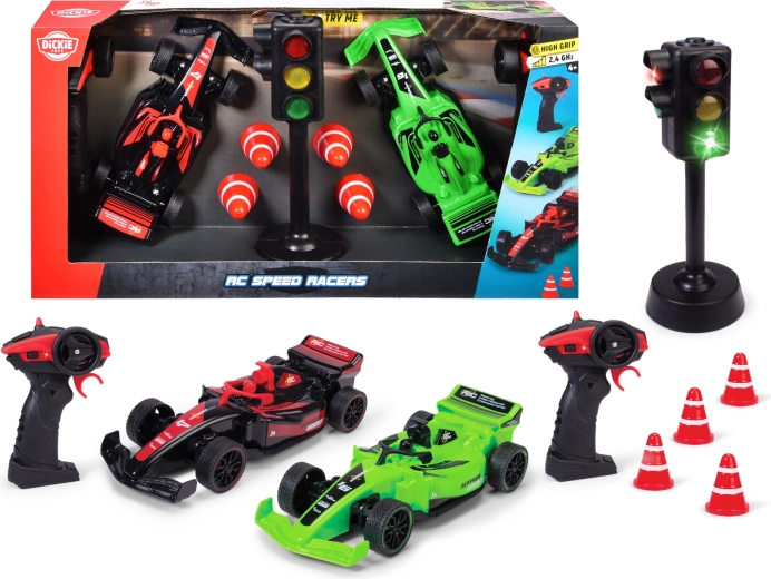 Dickie RC Speed Racers – ensemble de deux voitures de course radiocommandées avec signalisation lumineuse et cônes