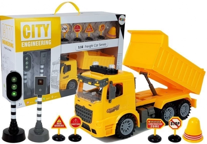 Ensemble de construction camion avec signaux routiers et lumières 1:14 jaune