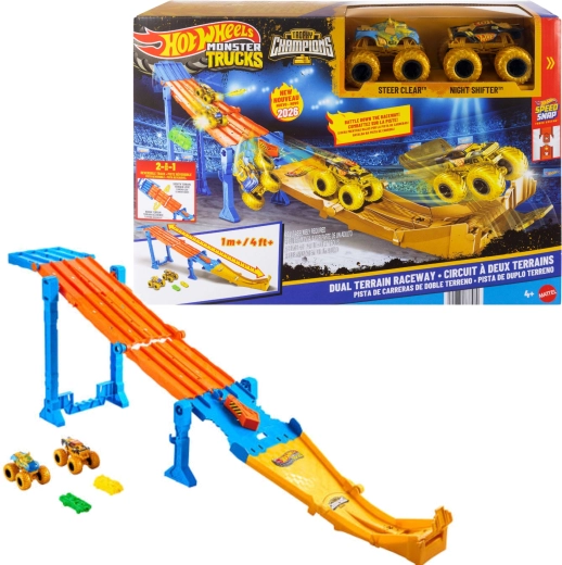 Hot Wheels Monster Trucks piste de course 2-en-1 Dual Terrain Raceway + 2 monster trucks