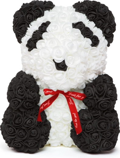 Panda en roses avec nœud rouge