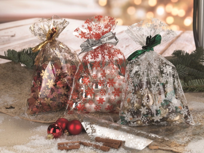 Sachet en cellophane 16 × 25 cm transparent avec motif flocons
