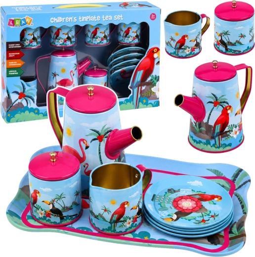 Service à thé enfant en métal avec perroquets – motif exotique, 12 pièces