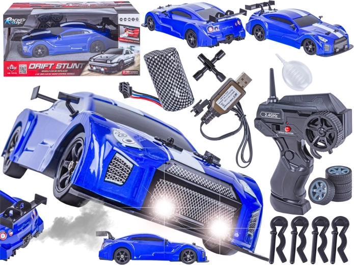 Voiture RC de drift 1:16 Nissan GTR 4WD 2,4 GHz avec effet fumée et lumières LED
