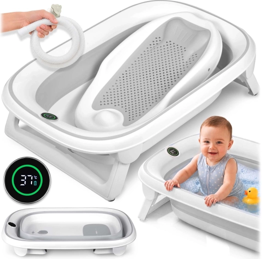 Baignoire bébé pliable Nukido avec thermomètre et insert nouveau-né blanc/gris