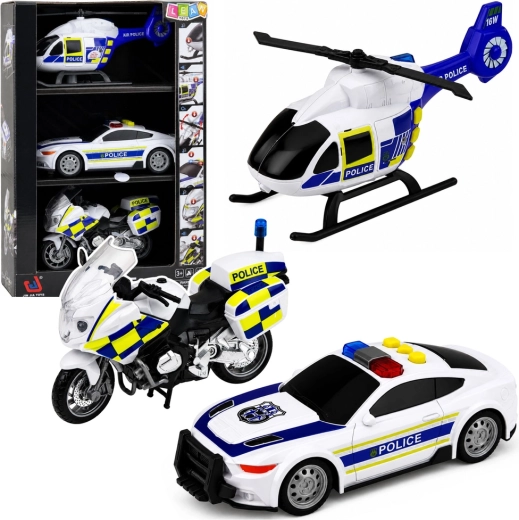 Ensemble de véhicules de police avec hélicoptère, voiture et moto avec lumières et sons 1:32