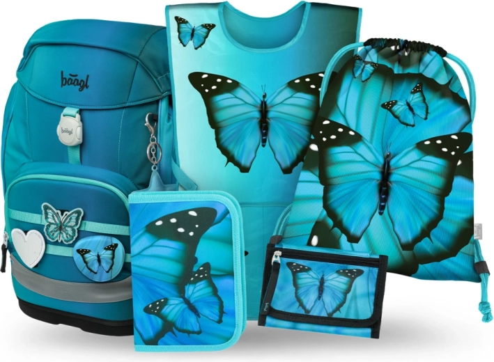Baagl set scolaire 5-en-1 Airy Plus Butterfly – sac à dos, trousse, sac, porte-monnaie et gilet réfléchissant