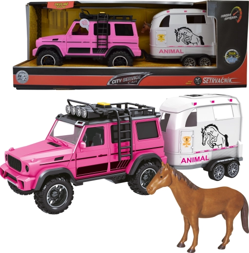 Voiture tout-terrain rose avec remorque et cheval 1:14 avec lumières et sons