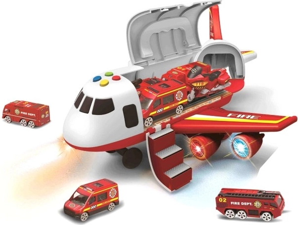 Avion de pompiers avec soute et 3 petites voitures