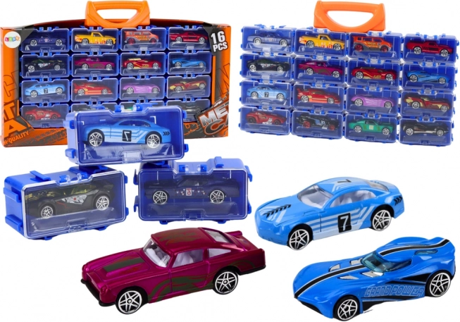 Set de petites voitures en métal dans une valisette, 16 pièces