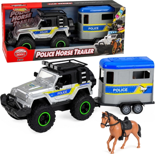 Véhicule de police tout-terrain avec remorque pour cheval, lumières et sons
