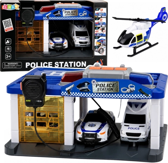 Poste de police avec garage, voitures, hélicoptère et talkie-walkie