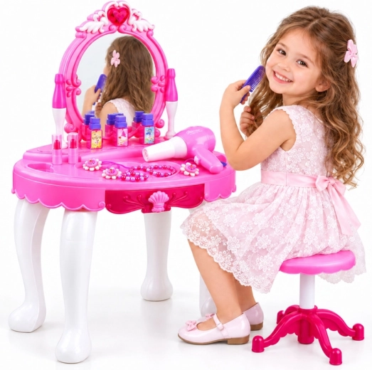 Coiffeuse cosmétique pour enfant avec miroir LED, tabouret et accessoires