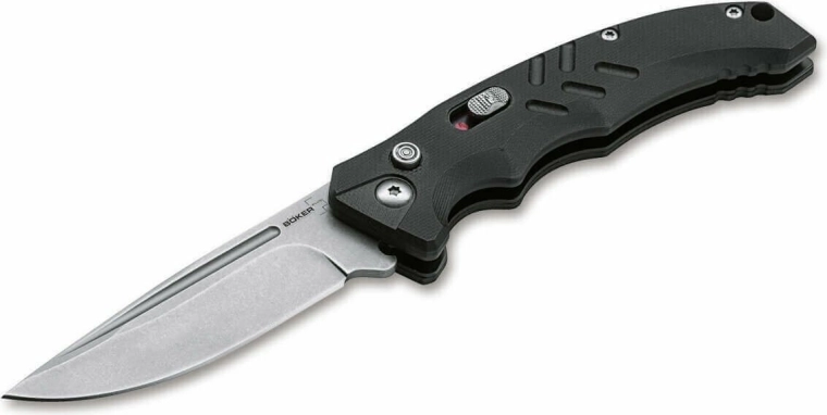Böker Plus Intention II Black couteau tactique automatique 8 cm finition stonewash avec manche G10